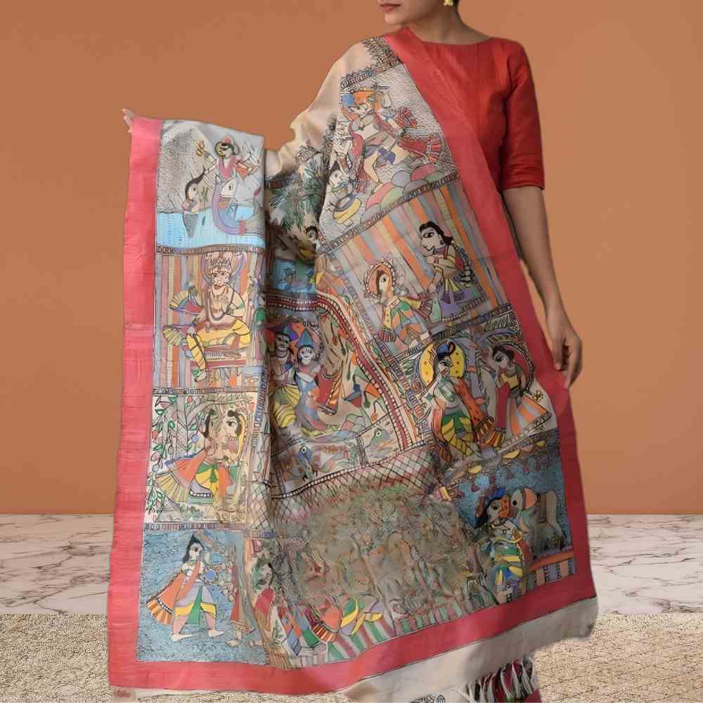 Tussar Saree with Madhubani Bride, Doli, and Kaahar Painting